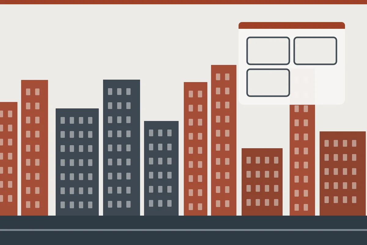 Schematic city silhouette and an apartment plan